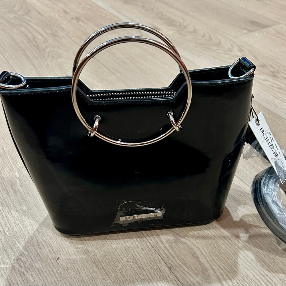 BCBG Glossy Black Mini Bag with Silver Rings